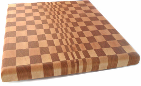 maple and cherry fading pattern end grain cutting board on white background