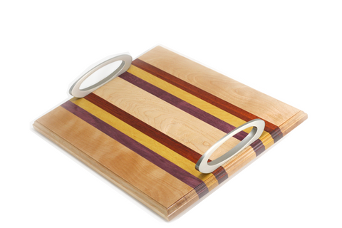birds eye maple serving tray with multi colour wood stripes and satin nickel handles