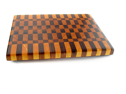 traditional checker pattern walnut and yellowheart end grain cutting board.