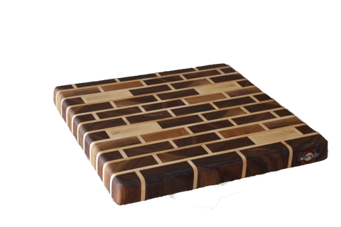medium walnut brick end grain cutting board with cherry and ash accents.