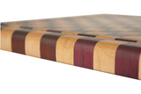 side view highlighting maple, purple heart, and padauk on multi colour checker pattern cutting board