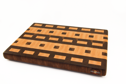 large film pattern cutting board end grain on white background