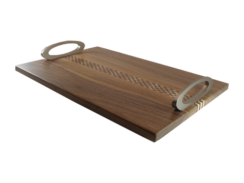 walnut serving tray with satin nickel handles and checker stripe running length wise.